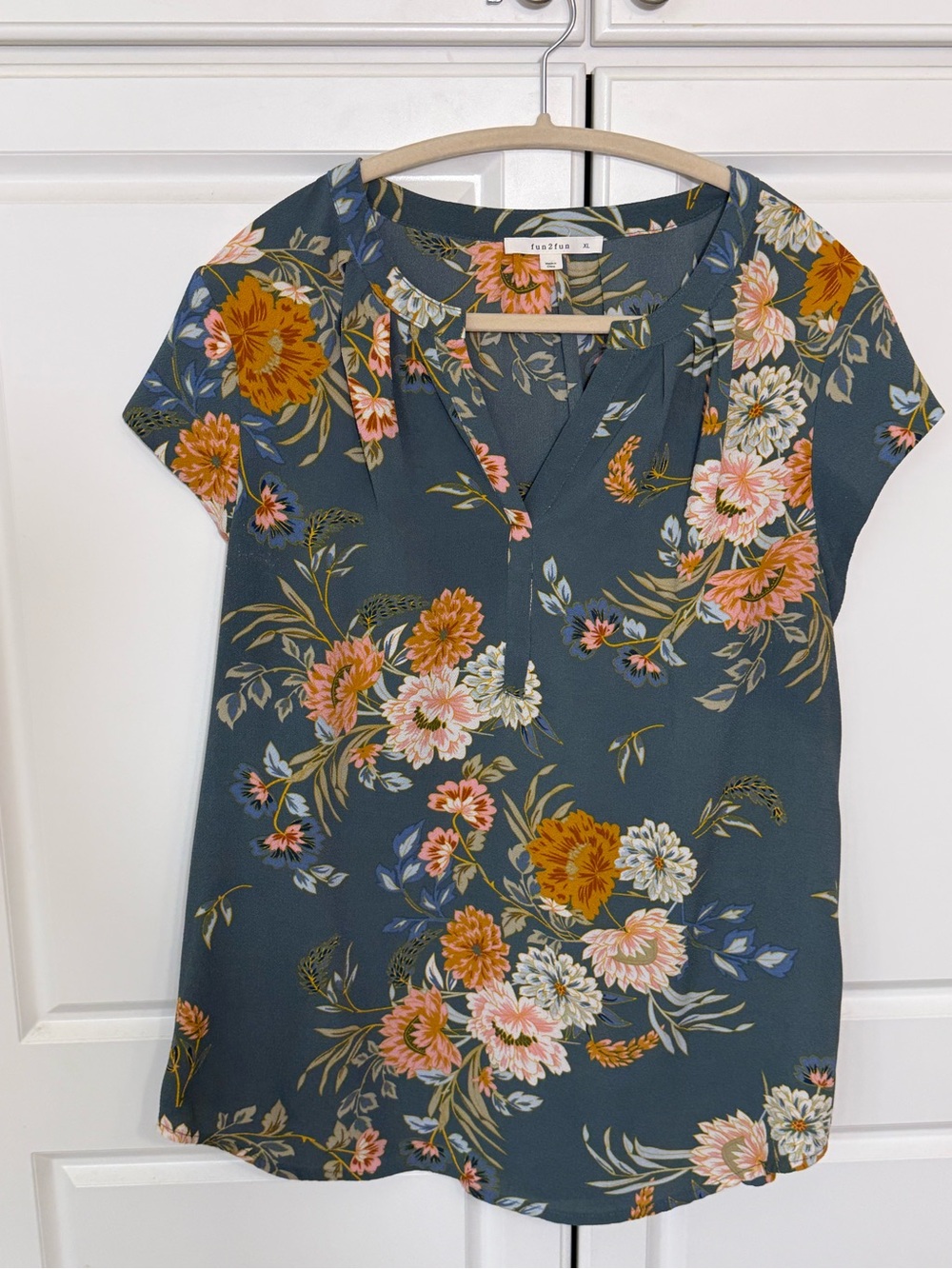 CeCe Teal Floral V-Neck Blouse with Pink & Mustard Blooms